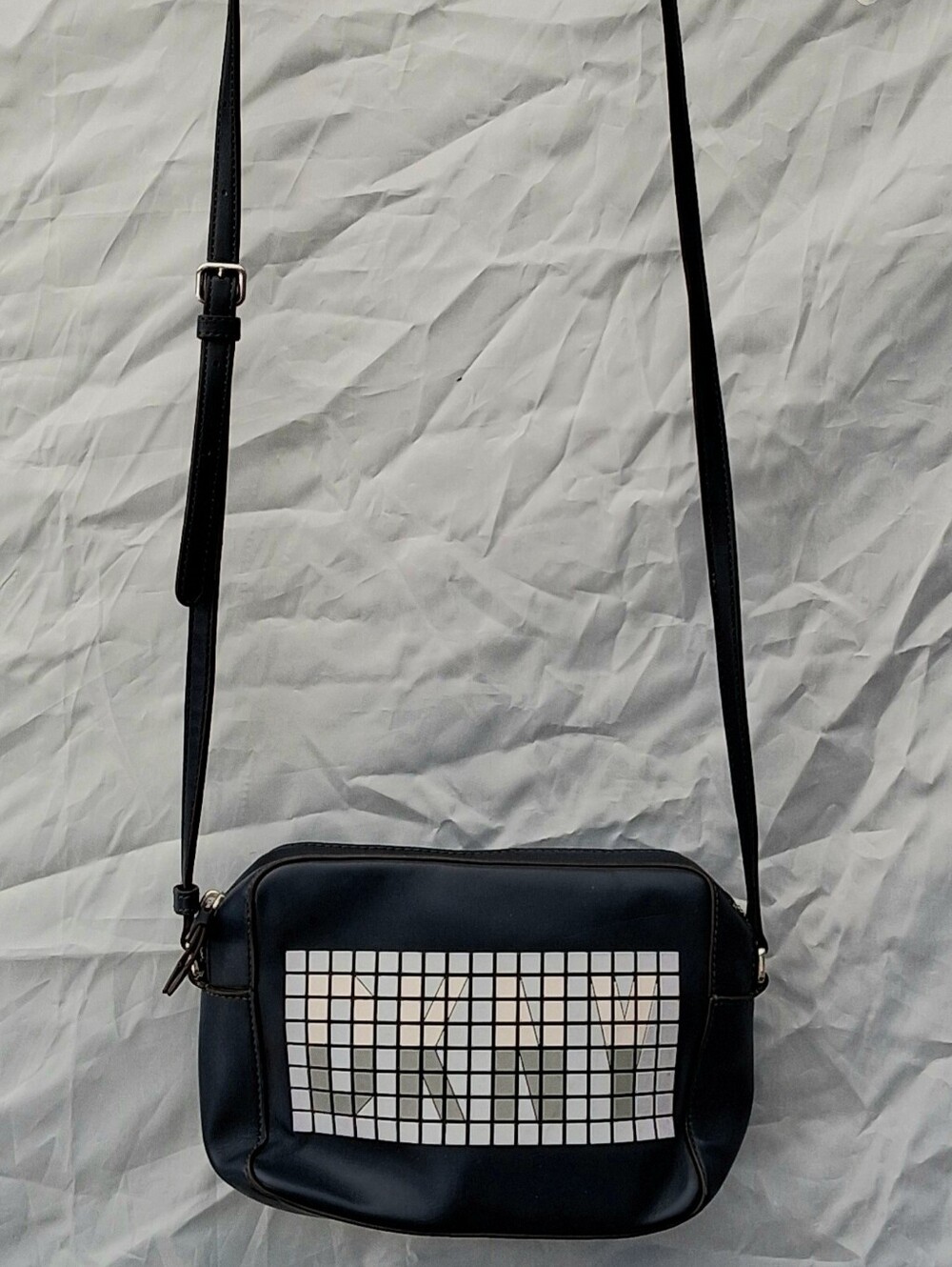DKNY Navy Blue Leather Mosaic Pixel Grid Logo Crossbody Camera Bag